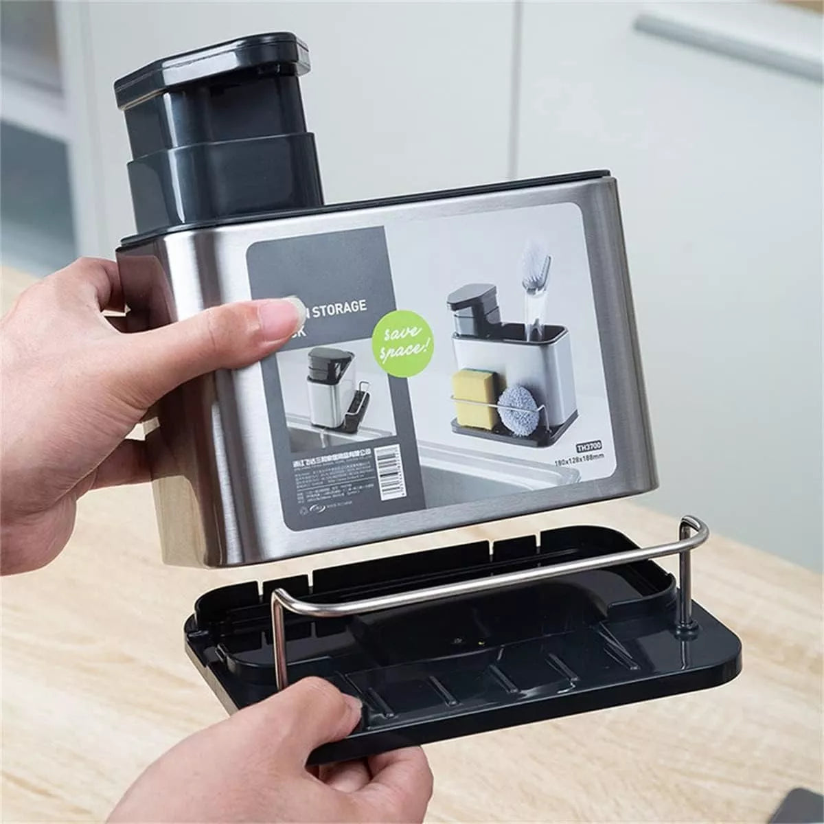DISPENSADOR JABON LIQUIDO Y ORGANIZADOR DE ESPONJAS